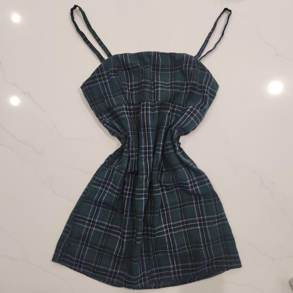 Urban Outfitters Sz 2 Mini Dress Green Plaid Sleeveless Clueless Academia UO